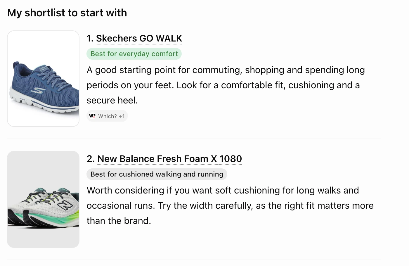 Captured ChatGPT shopping answer with Skechers and New Balance product images and recommendations.
