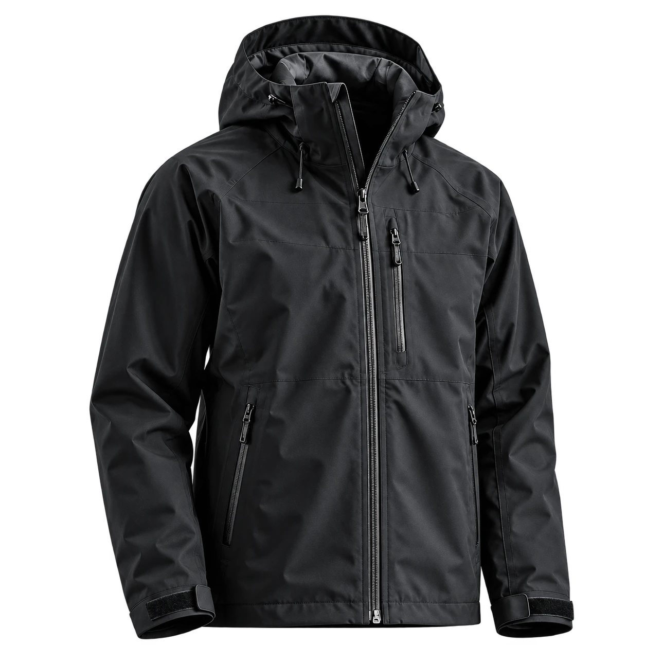 Black hooded outdoor jacket, isolated on a transparent background