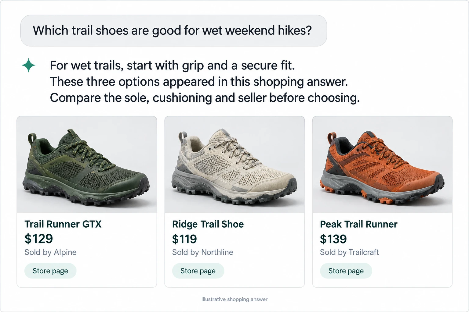 Illustrative shopping answer with recommendations, three product images, prices and captured seller context.