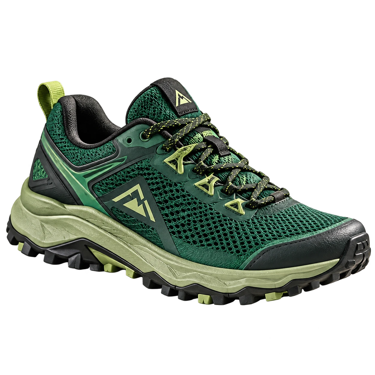 Green trail shoe, isolated on a transparent background